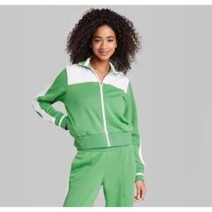 Wild Fable Women's Green & White Track Zip-Up Jacket Size Small Pockets Stylish